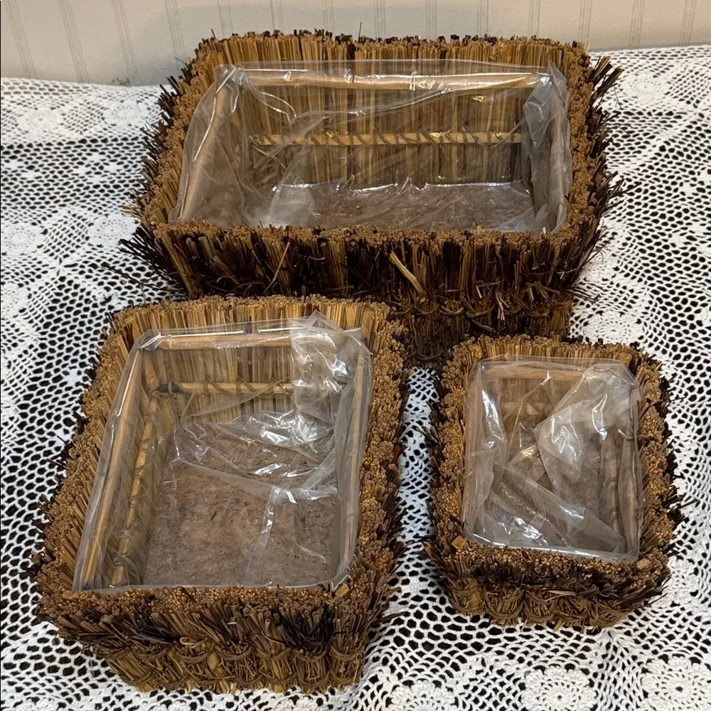 Set Of 3 Nesting Planters Baskets Straw Grass With Liner
